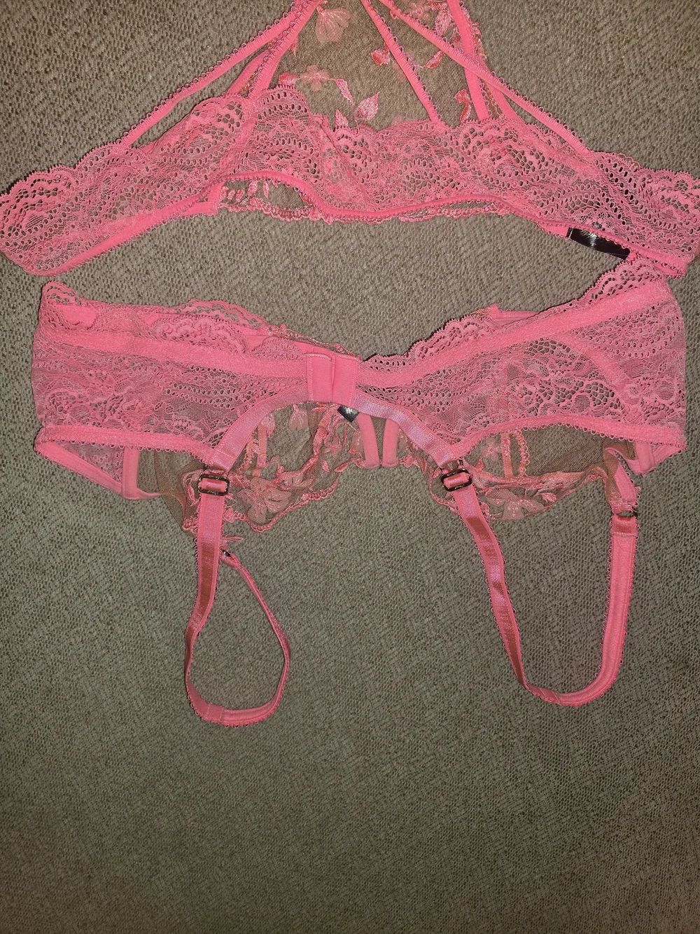 Honey Birdette Neon Pink Sheer Lace Underwire Bra & Thong Set